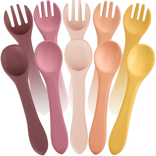 Juego de 10 cucharas de destete y tenedores LED para bebés, cucharas de silicona para bebés, primeros utensilios de entrenamiento para bebés,