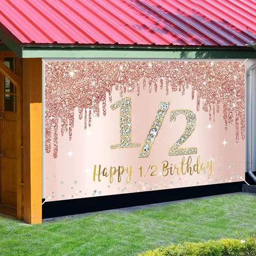 Miniatura 3 de Decoraciones de Fondo de Pancarta de Feliz Medio Cumpleaños para Niñas, Suministros de Letrero de Fiesta de Medio Cumpleaños de Oro Rosa, Póster