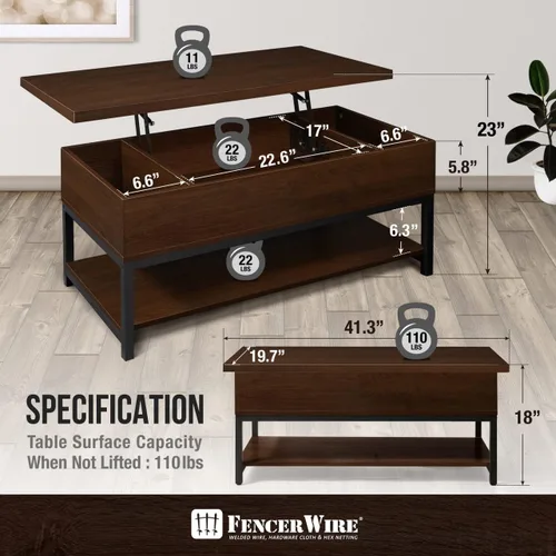 Miniatura 3 de CAPHAUS Mesa de centro elevable con compartimento oculto y cajón deslizante, mesa elevadora para almacenamiento de sala de estar, 41 pulgadas