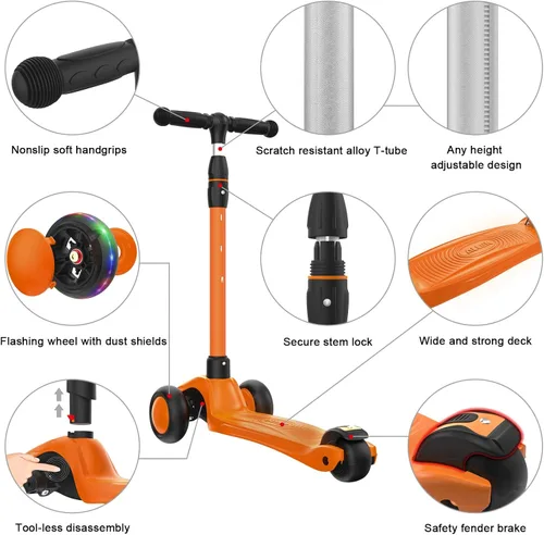 Miniatura 2 de Allek - Kick Scooter B03. Monopatín de 3 ruedas de Poliuretano iluminadas, extra anchas con sistema inclinable y deslizante (Lean 'N Glide), Naranja