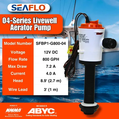 Miniatura 5 de SEAFLO Bomba aireadora Baitwell/Livewell Serie 04 de 800 GPH con entrada recta, 12 V CC, motor de cartucho reemplazable para agua salada/dulce