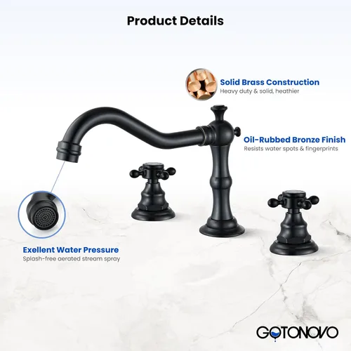 Miniatura 4 de gotonovo Grifo de Lavabo de Baño de 3 Orificios con Doble Manija Cruzada, Grifo Mezclador para Lavabo de Baño, Grifo de Tocador con Montaje