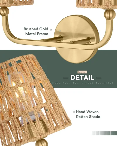 Miniatura 3 de VL837-BG-RA-2 - Lámparas de baño de 2 luces, luces de ratán dorado cepillado, aplique de doble pared con pantalla tejida a mano acampanada, apliques
