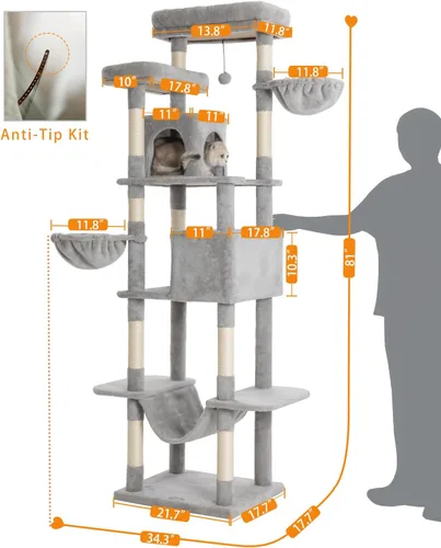 Miniatura 6 de Árbol para gatos, torre para gatos de 81 pulgadas de alto con poste rascador, condominio de felpa para gatos de varios niveles con 2 perchas, 2 Gris