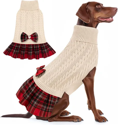 Miniatura 17 de KYEESE Suéter de punto grueso para perro, vestido de suéter para mascotas con corbatín, abrigos elásticos para mascotas, suéter suave para perros