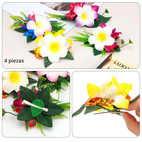 Miniatura 4 de Accesorios para el cabello de flores de plumeria hawaiana Ahoney para mujeres y niñas - 4 piezas de broches y horquillas de flores artificiales