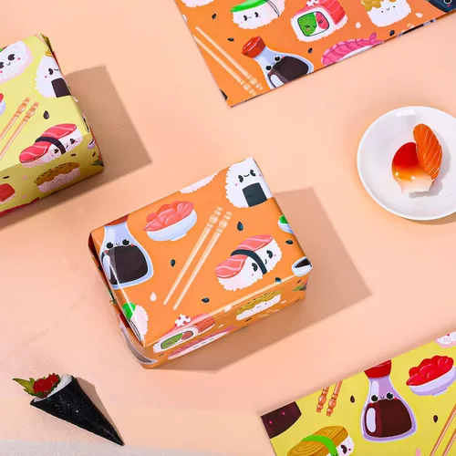Miniatura 4 de Whaline 12 hojas de papel de regalo de caras de sushi a granel de 19.7 x 27.6 pulgadas, lindo sushi a la moda, divertido papel de arte plegado plano