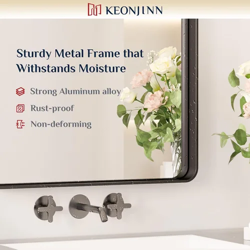 Miniatura 7 de Keonjinn Espejos de baño negros para sobre el fregadero, espejos cuadrados grandes de 36 x 36 pulgadas para pared, espejo rectangular redondeado