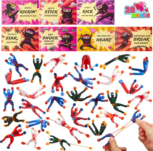 JOYIN Paquete de 28 paquetes de ninja pegajoso para escalada en la pared para el día de San Valentín con tarjetas de regalo, juguetes para aliviar