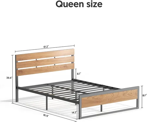 Miniatura 3 de BONSOIR Base de cama tamaño Queen con plataforma de acero estable con cabecero de madera/estribo, no necesita somier, fácil montaje, sin chirridos