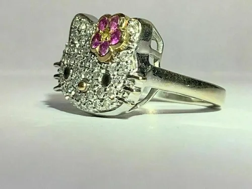 Miniatura 3 de Hello Kitty - Anillo de diamante de corte redondo de 2 quilates, plata de ley 925 maciza, anillo Art Deco, regalo de mujer, lindo anillo de gatito