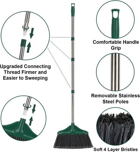Miniatura 6 de 4 escobas comerciales resistentes para exteriores e interiores con mango de 61 pulgadas de largo, perfectas para el hogar, garaje, cocina, oficina