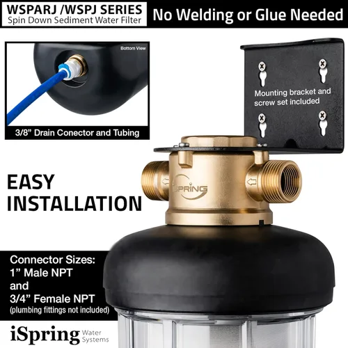 Miniatura 4 de iSpring WSP500J Filtro de agua reutilizable de sedimentos de centrifugado para toda la casa de tamaño jumbo mejorado, gran capacidad, prefiltración