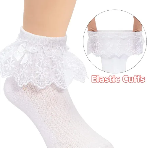 Miniatura 3 de akkilar Paquete de 4 calcetines con volantes para niñas pequeñas con lazo de malla de encaje con ribete de volantes y ojales de princesa para niños