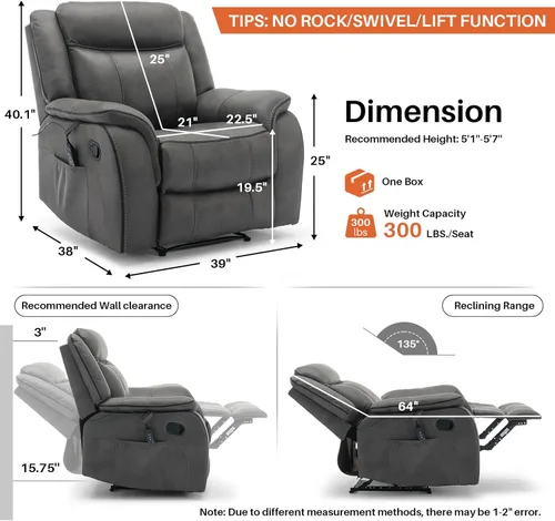 Miniatura 2 de Silla reclinable de masaje con calor, sillas reclinables de piel sintética para adultos, 39 pulgadas de ancho, silla de descanso ergonómica Gris