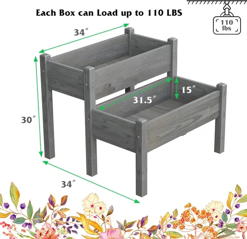Miniatura 9 de Giantex Juego de 2 camas de jardín elevadas, caja de madera elevada, kit de cama elevada para flores, verduras, frutas, hierbas, contenedor de Gris
