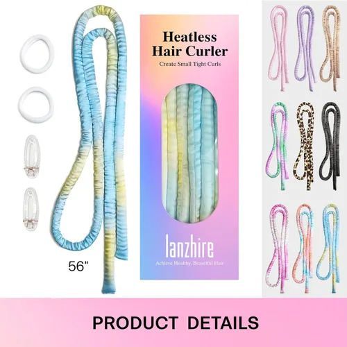 Miniatura 7 de Lanzhire Diadema rizadora sin calor para rizos nocturnos, rizadores sin calor para cabello largo y corto (teñido anudado azul)