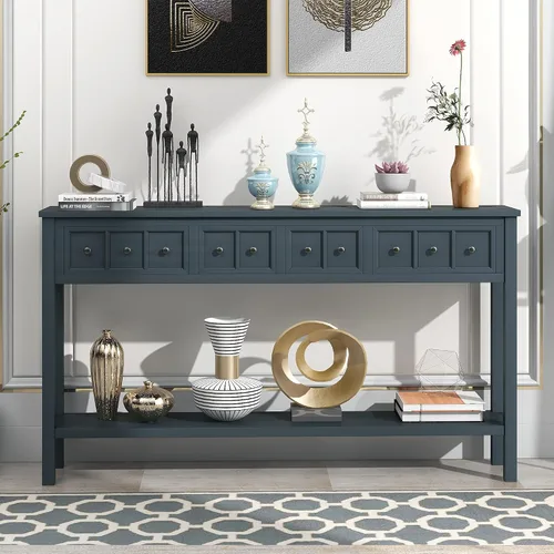 Miniatura 10 de Mesa consola clásica de 63 pulgadas con 4 cajones de almacenamiento y 1 estante, aparador de madera para sala de estar, pasillo, entrada, cocina