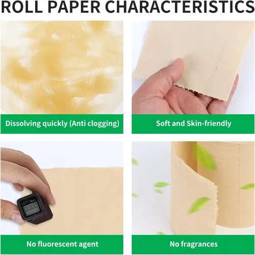 Miniatura 5 de Papel higiénico de bambú, 4 capas, 18 rollos, 200 hojas por rollo, total de 3600 hojas, sin blanquear, sostenible y sin árboles, suave, fuerte