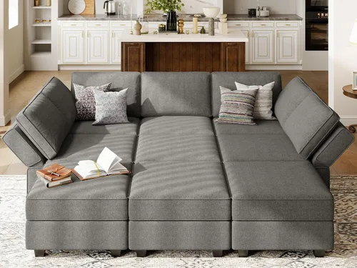Miniatura 15 de Belffin - Sofá seccional modular con cama oculta, sofá seccional convertible para sala de estar. Sofá color gris claro