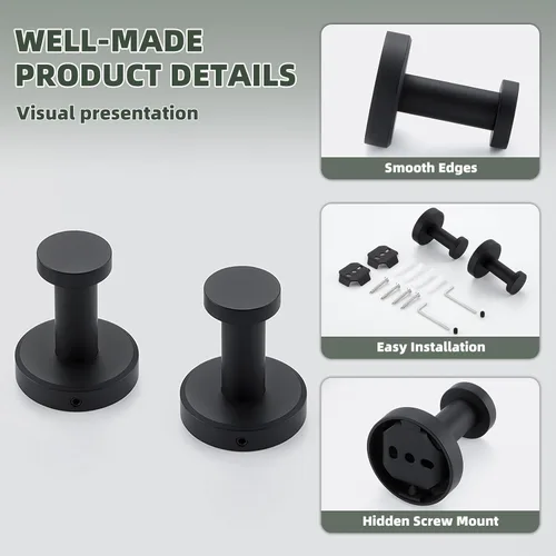 Miniatura 8 de APLusee Gancho para toallas de baño negro mate para baño, paquete de 2 ganchos de acero inoxidable, perchas de pared resistentes montadas en la pared