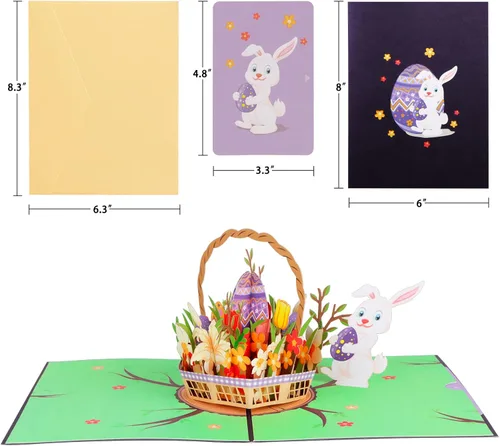 Miniatura 6 de D4DREAM Tarjeta desplegable de Pascua con sobre, 6 x 8 pulgadas, cesta de huevos de Pascua 3D, tarjeta de felicitación de conejo, ramo de flores
