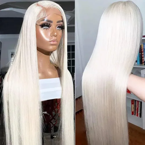 Miniatura 2 de Lovestory Peluca de encaje frontal larga y recta color blanco platino, predepilada, rubio platino, pelucas de encaje frontal sintético para mujeres