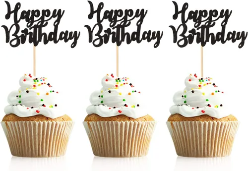 48 piezas de decoración para cupcakes de feliz cumpleaños, color negro, con purpurina, suministros de decoración de fiesta de cumpleaños