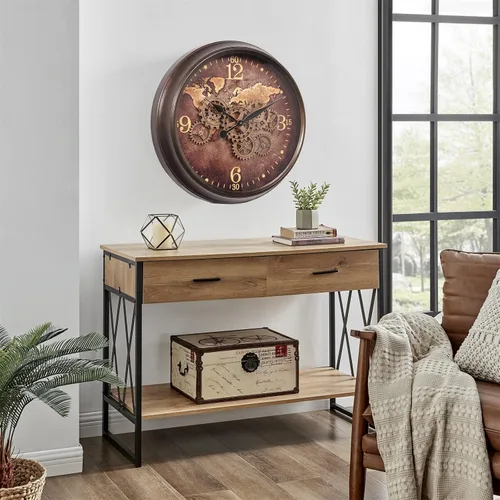 Miniatura 7 de CLXEAST Reloj de pared grande de 24 pulgadas con engranajes móviles, relojes industriales con esfera de mapa del mundo, reloj de pared fresco