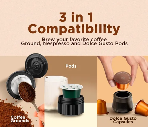 Miniatura 2 de Cafetera portátil 3 en 1 – Máquina de café espresso eléctrica para viajes – Compatible con café molido, cápsulas NS y DG – Cafetera de espresso