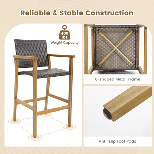 Miniatura 8 de Tangkula Juego de 4 taburetes de bar de ratán para patio, sillas de bar de mimbre de polietileno para exteriores con reposabrazos, taburetes de bar