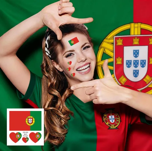 Miniatura 3 de 10 hojas de tatuajes faciales temporales de la bandera de Portugal 2022, 40 tatuajes falsos extraíbles, para hombres, niños y mujeres (Portugal)