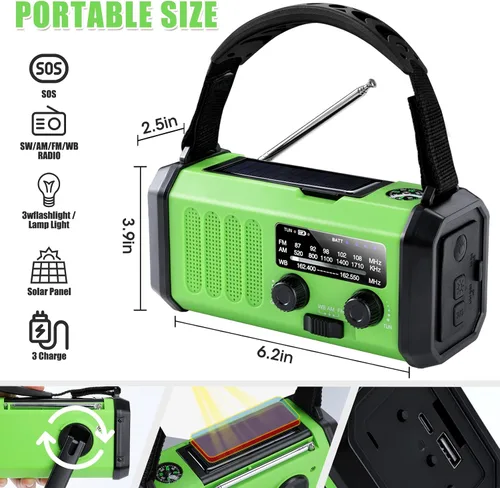 Miniatura 7 de Radio de emergencia con manivela de 10000 mAh, radio meteorológica NOAA con radio AM/FM y solar, batería recargable, linterna y luz de lectura