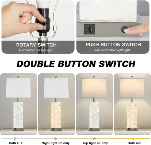 Miniatura 6 de Lámparas de mesa costeras de 28 pulgadas para sala de estar, lámparas de noche con luz nocturna, puertos USB A+C, moderna concha de mar