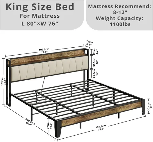 Miniatura 70 de LIKIMIO Base de cama Queen, cabecera de almacenamiento con estación de carga, sólida y estable, sin ruido, no necesita somier, fácil montaje Vintage