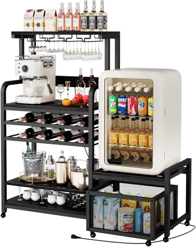 Mini soporte para refrigerador con toma de corriente, soporte para microondas con estante para vino, barra de café con cestas de almacenamiento