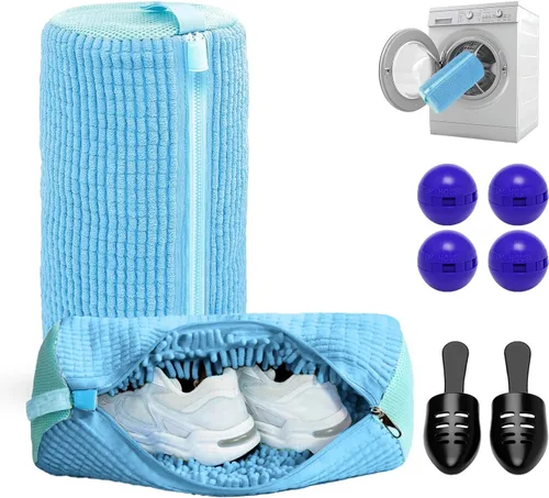2 bolsas para lavadora de zapatos con un par de árbol de zapatos y 4 bolas desodorantes, bolsa de lavado de zapatos reutilizable con cremallera Azul
