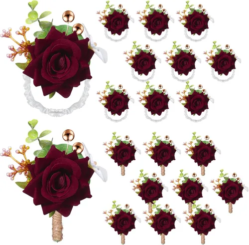 Sherr Juego de 20 ramilletes de rosas rojas y boutonnier con diseño de flores para muñeca, pulsera para boda, novio, hombre, Boutonniere, mano, flor