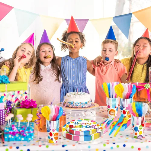 Miniatura 6 de Meanplan Sirve a 24 invitados con platos y servilletas de cumpleaños arcoíris con lunares, juego de vajilla de cumpleaños de lunares arcoíris