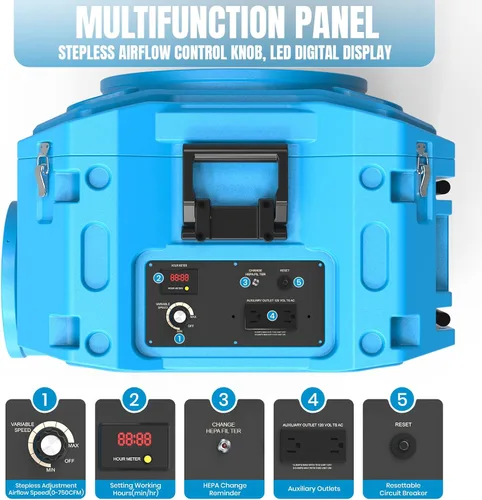Miniatura 4 de Depurador de aire con filtración de 3 etapas, máquina de aire negativo HEPA de 750 CFM con ruedas bloqueables de 360° y mango plegable automático