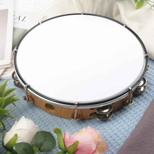 Miniatura 4 de Pandereta de 10 pulgadas para adultos, tambor musical de mano con doble jingles de metal, panderetas de mano para iglesia, baile, fiesta, decoración