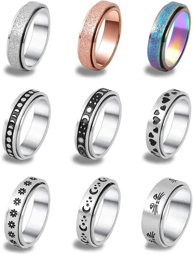 DICOINA 9Pcs Stainless Steel Fidget Rings for Women Men Spinner Anxiety Rings Moon Star Matching Rings Wedding Promise Band Rings Size5-10