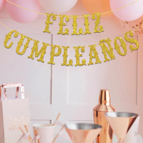 Miniatura 4 de Cartel de Feliz Cumpleaños con purpurina dorada – Cartel español de feliz cumpleaños, decoración de fiesta mexicana temática de fiesta de cumpleaños