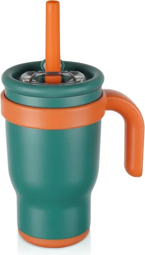 Miniatura 12 de Taza de 14 onzas para niños pequeños con aislamiento al vacío de acero inoxidable con asa, taza a prueba de derrames, pajita a prueba de fugas, taza