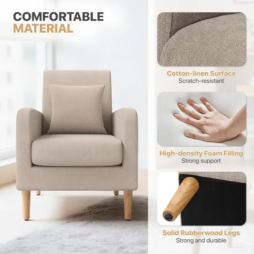 Miniatura 5 de Magshion Silla decorativa Mid-Century para dormitorio, cómoda silla de lectura para sala de estar, sillón tapizado de tela de lino, sofá individual