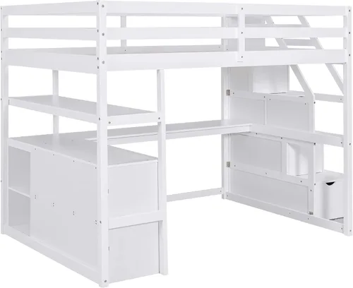Miniatura 8 de Quarte Cama alta multifuncional, cama alta tamaño matrimonial con escritorio integrado y estantes de almacenamiento, dos cajones y escalera