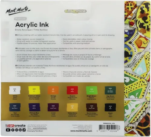 Miniatura 6 de Mont Marte Tinta Acrílica Premium 12 piezas x 20 ml (0,7 fl.oz. EE.UU.), Tintas acrílicas para artistas, colores esenciales, ideal para aerógrafo