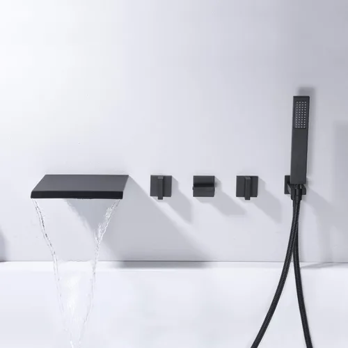 Miniatura 5 de Grifo de Montaje en Pared para Bañera con Cascada y Relleno, con Ducha de Mano de Alto Flujo, Negro Mate, SUMERAIN