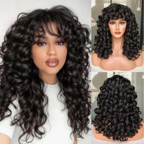 Miniatura 14 de Pelucas afro rizadas para mujeres negras, peluca larga y rizada con flequillo, fibra sintética esponjosa, sin pegamento, para cosplay y uso diario