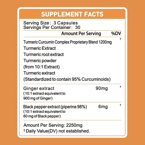 Miniatura 2 de Suplemento de curcumina de cúrcuma 3 en 1 de 1200 mg con 90 mg de jengibre y 6 mg de extracto de pimienta negra, mezcla patentada de complejo